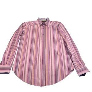 Robert Graham Mens purple vertical blue stripes dress shirt, button up.  Size M